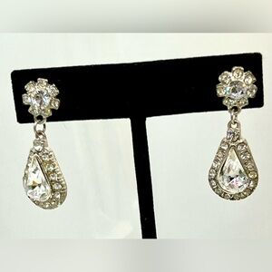 Vintage Estate Teardrop or Raindrop Shaped Silvertone and Rhinestone Earrings